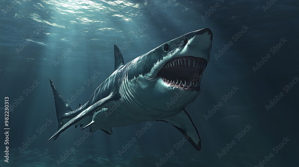 Fototapeta premium Shark with open mouth and dark sea, Generative AI