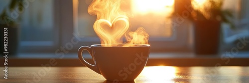 morning coffee rituals, enjoy a warm cup of coffee with heart-shaped steam on a tranquil morning simply blissful photo