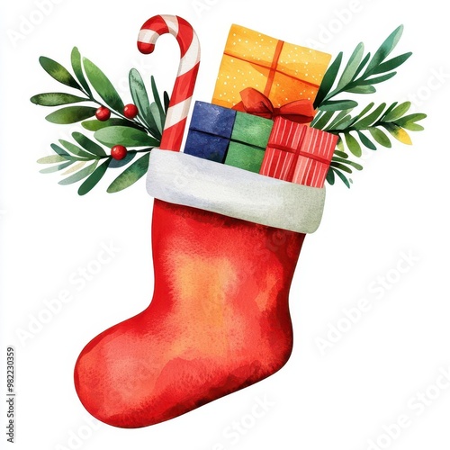 Christmas stocking clipart, filled with candy canes and gifts, watercolor illustration, vibrant colors, isolated on white background