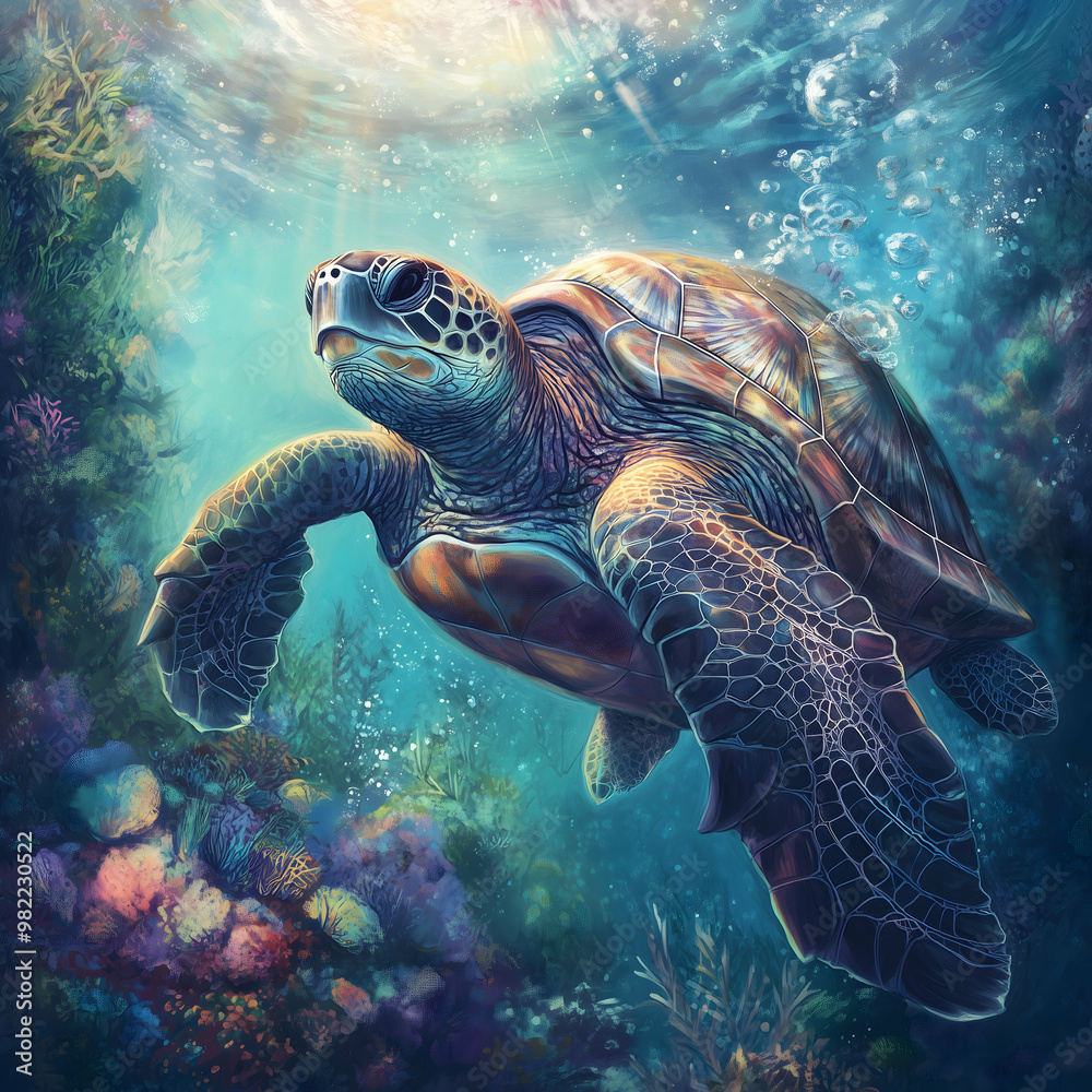 Fototapeta premium Majestic Sea Turtle Swimming Through Colorful Coral Reef - A stunning sea turtle gracefully glides through vibrant coral reefs in a sunlit underwater scene.