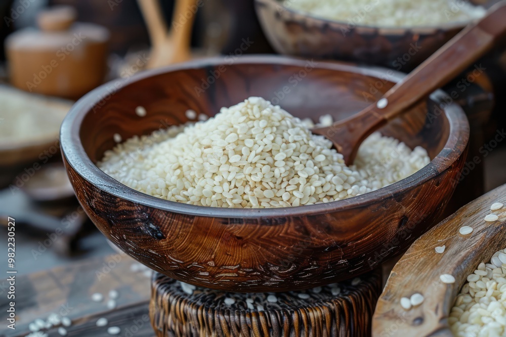 A wooden bowl filled with white sesame grains, with a wooden spoon ready for serving, perfect for culinary themes. A wooden bowl filled with white sesame grains, with a wooden spoon ready for serving, perfect for culinary themes.