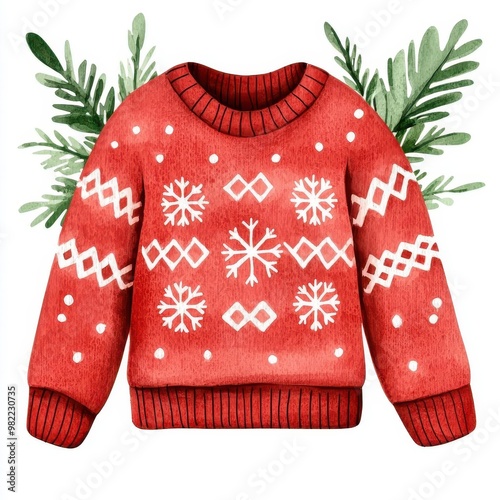 Cozy Christmas sweater clipart, with snowflake pattern, watercolor illustration, warm colors, isolated on white background