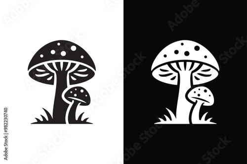 Black and White Beauty Mushroom Silhouette Icon.