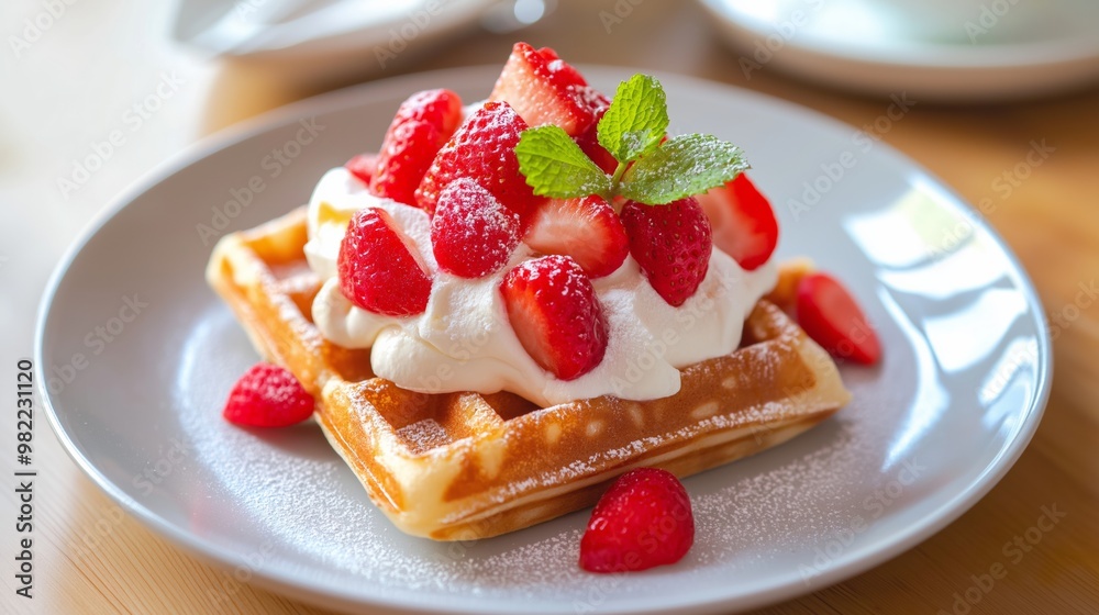 Delicious waffle topped with whipped cream, fresh strawberries, and mint on a cozy table setting in a cafe.