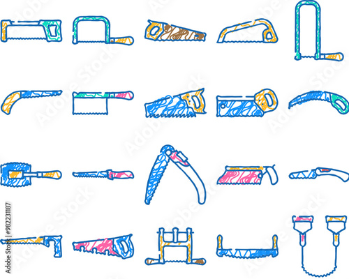 hand saw construction doodle icons set vector. sketch line art tool wood, carpentry blade, equipment handsaw, work metal, cut worker, carpenter hand saw construction color illustrations