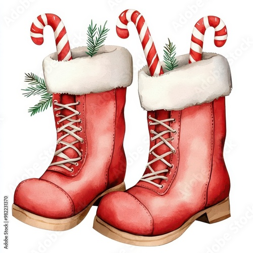 Santa s boots clipart, filled with candy canes, watercolor illustration, playful colors, isolated on white background photo