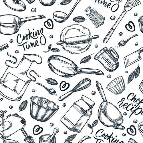 Cooking and kitchen utensils seamless pattern. Vector hand drawn sketch illustration. Baking recipe and culinary doodle background. Fashion textile print, fabric, wrapping paper design