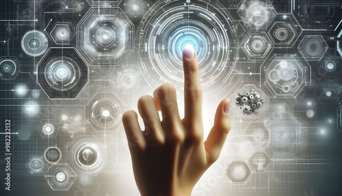 Hand interacting with futuristic interface elements on a white background, symbolizing high technology and innovation