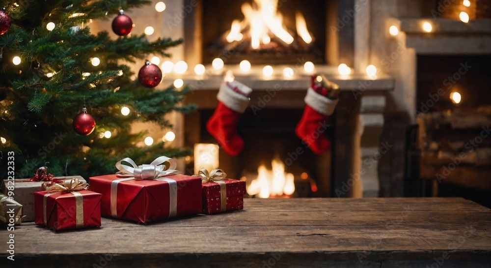 Christmas Tree With Decorations Near A Fireplace with Lights, Wooden background with glitter effects, and fireplace, Christmas Tree with Decorations Near a Fireplace with Lights Christmas Tree With Decorations Near A Fireplace with Lights, Wooden background with glitter effects, and fireplace, Christmas Tree with Decorations Near a Fireplace with Lights