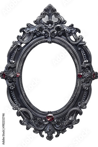 A close-up of an ornate black frame with red gemstones, the frame has an oval shape and is decorated with intricate details.