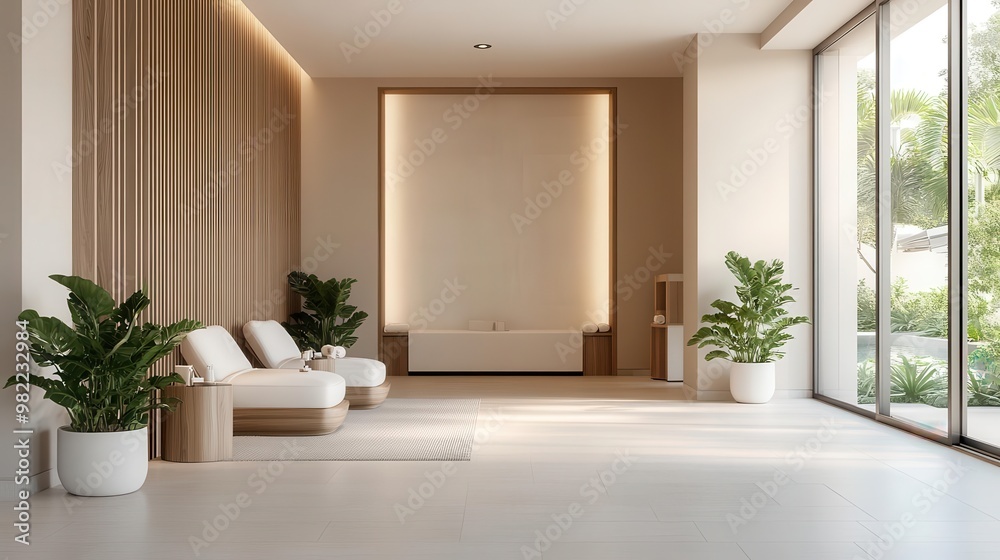 Expansive view of a tranquil wellness center. Luxury spa healthcare space. Expansive view of a tranquil wellness center. Luxury spa healthcare space.