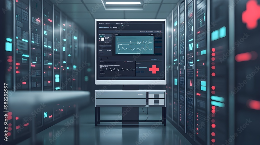 Medical Data Center Server Room with Red Cross Symbol Medical Data Center Server Room with Red Cross Symbol