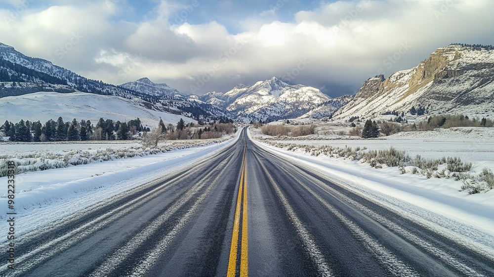 A Snowy Road Winding Through a Mountain Valley