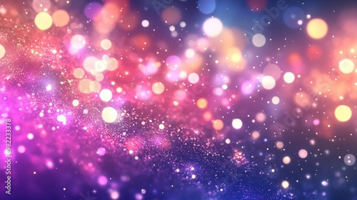 Abstract purple and pink background with bokeh lights and glitter.