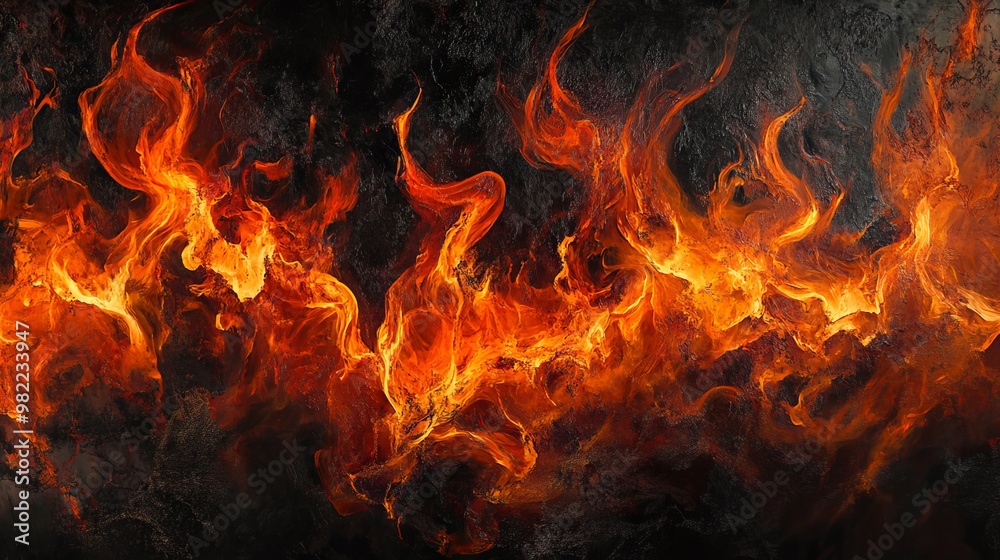 Fiery orange and red flames dance against a dark backdrop. The intense heat of the fire creates a mesmerizing and textured pattern. Fiery orange and red flames dance against a dark backdrop. The intense heat of the fire creates a mesmerizing and textured pattern.