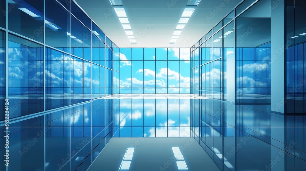 An empty glass-floored office space with the reflection of the blue sky visible, creating a bright, futuristic workspace. An empty glass-floored office space with the reflection of the blue sky visible, creating a bright, futuristic workspace.