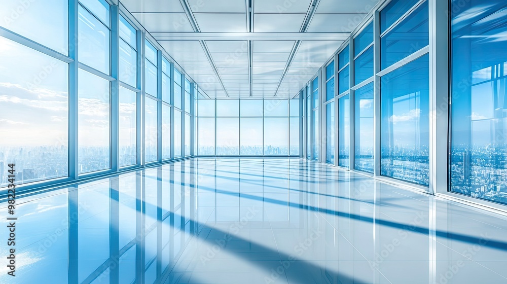 An empty glass-floored office space with the reflection of the blue sky visible, creating a bright, futuristic workspace. An empty glass-floored office space with the reflection of the blue sky visible, creating a bright, futuristic workspace.