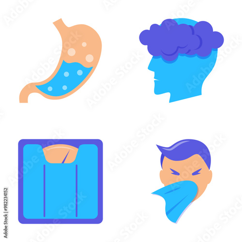 Unhealthy gut symptoms neon icon set