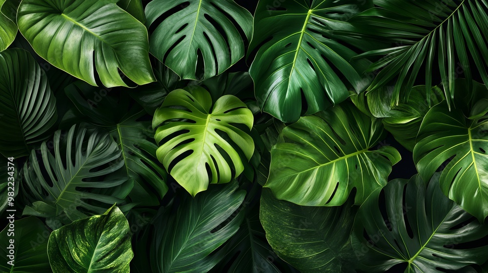Lush green tropical leaves, like those found in a jungle, are arranged on a black background. This creates a natural and vibrant backdrop for any indoor setting. Lush green tropical leaves, like those found in a jungle, are arranged on a black background. This creates a natural and vibrant backdrop for any indoor setting.