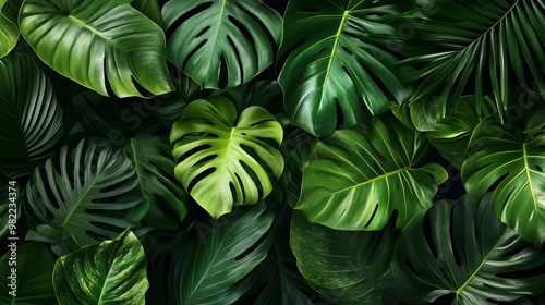 Lush green tropical leaves, like those found in a jungle, are arranged on a black background. This creates a natural and vibrant backdrop for any indoor setting.