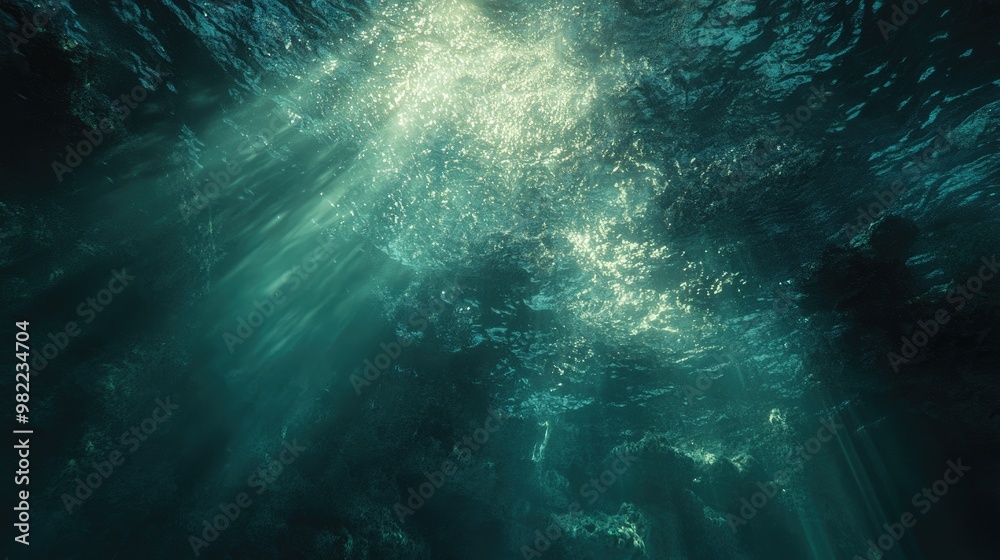 Fototapeta premium Beneath the ocean surface, light streams through the water creating a serene and mystical underwater view.
