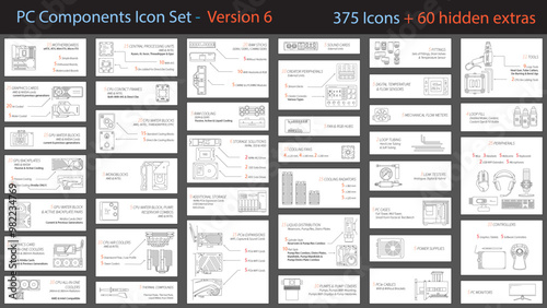 PC Component Icons, PC Parts Icons, Liquid Cooling icons - VERSION 6 contains 375 vector line icons + 60 extras  (300 from previous version) - ONLY icon set of ALL Computer Components ANYWHERE