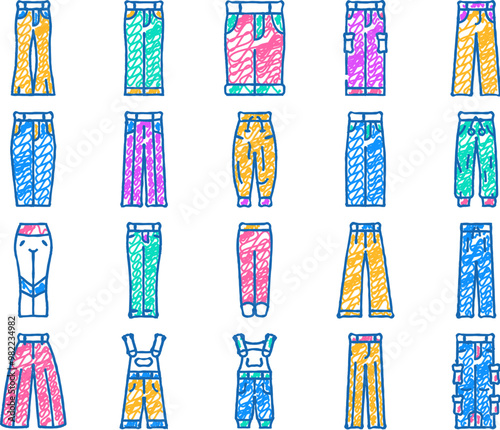 pants trousers fashion doodle icons set vector. sketch line art clothing garment, apparel design, casual wear, pocket style, sport, clothes cotton pants trousers fashion color illustrations