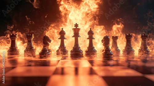 Chess pieces on a board, with fierce flames engulfing the background, creating a powerful, dynamic visual