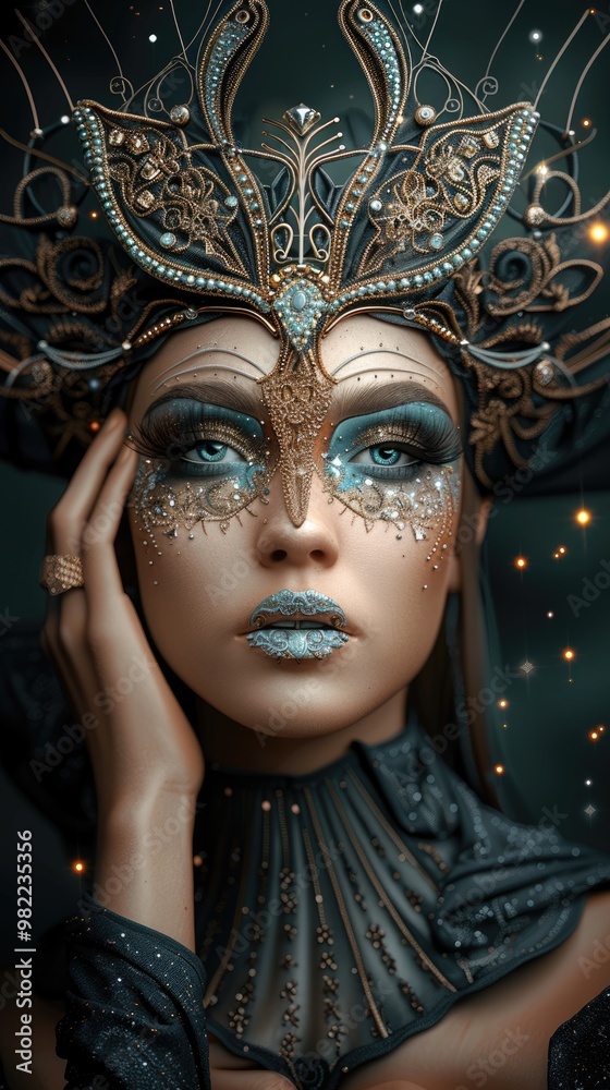 Detailed headpiece and fantasy-style makeup on a woman with a dark, starry atmosphere, perfect for phone wallpaper. Detailed headpiece and fantasy-style makeup on a woman with a dark, starry atmosphere, perfect for phone wallpaper.