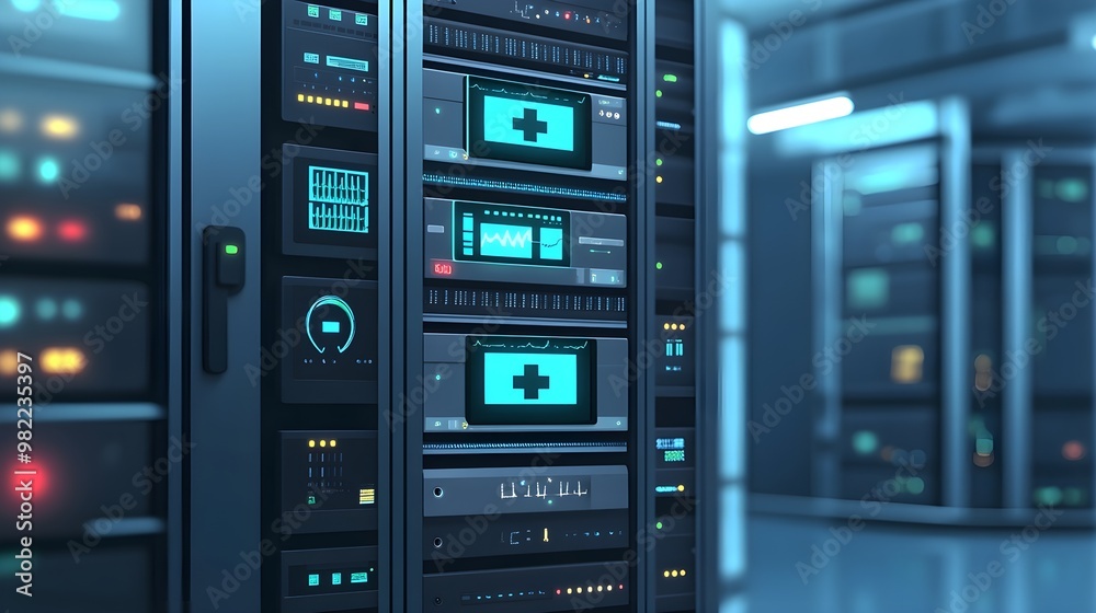 Medical Server Room Technology with Blue Lights Medical Server Room Technology with Blue Lights