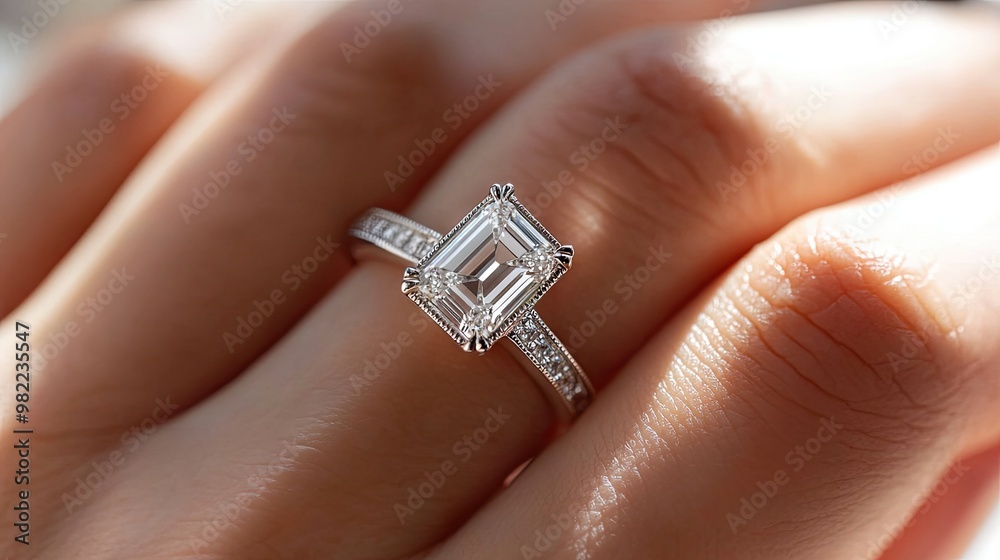 Fototapeta premium Close-up of a hand wearing a dazzling baguette and solitaire diamond engagement ring, showcasing elegance and luxury.