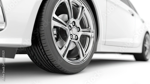 Close-up of a modern car wheel and tire, sharply contrasted against a white backdrop for a clean, professional appearance.