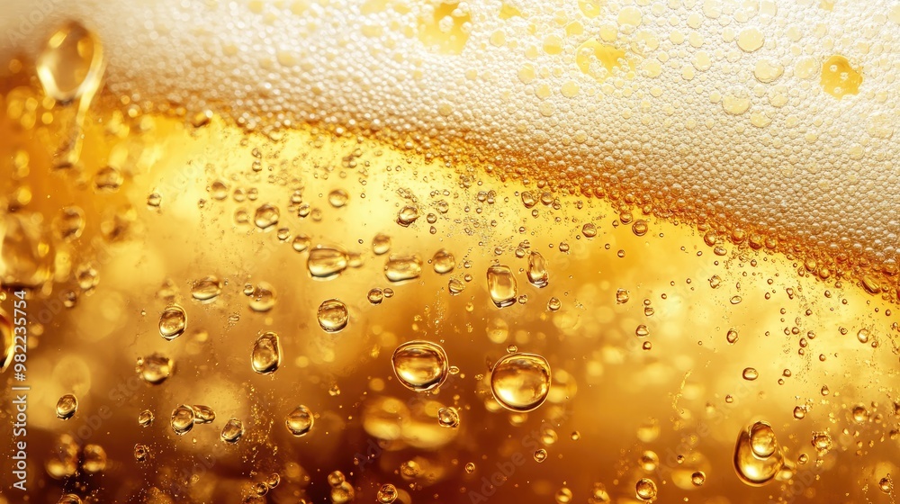 Close-up of frothy golden beer with foam rising to the top, bubbles sparkling beneath.
