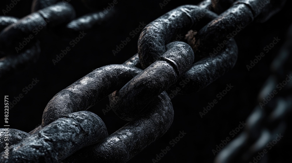 Close-up of thick industrial chains intertwined with metal wires, all set against a deep black background. Close-up of thick industrial chains intertwined with metal wires, all set against a deep black background.