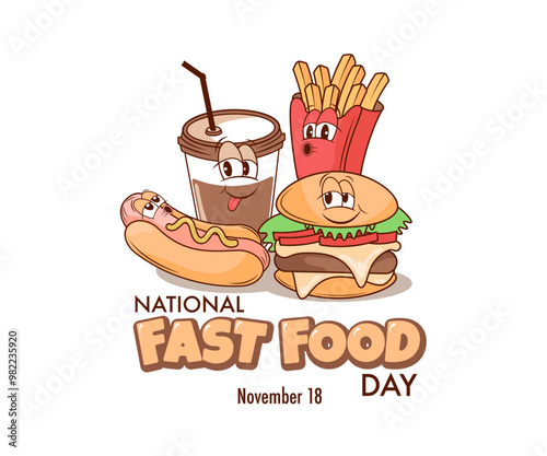 national fast food day poster with cartoon groovy characters burger and dog food, cola and french fries.