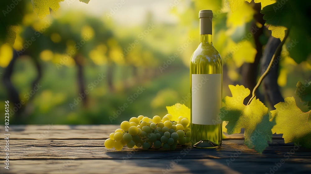 Fototapeta premium Wine bottle with grapevine branch on the wood table on vineyard background, Generative AI