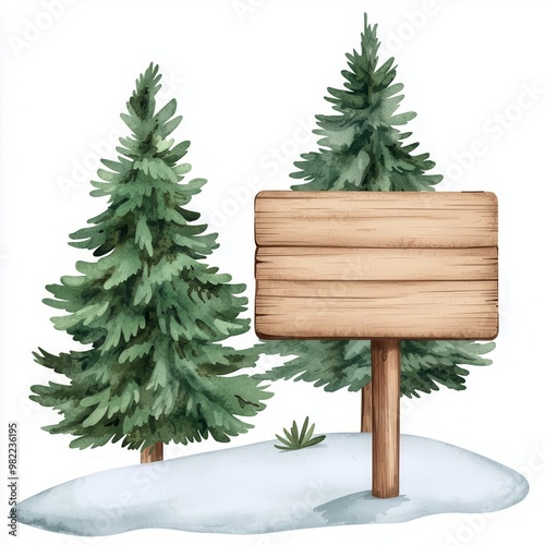 A Christmas tree farm with snowcovered trees and a wooden sign, watercolor illustration, isolated on white background