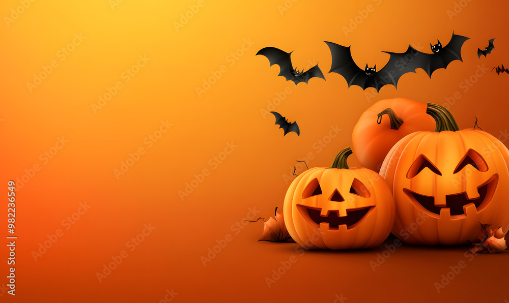 Happy Halloween banner featuring 3D pumpkins with carved smiles Happy Halloween banner featuring 3D pumpkins with carved smiles