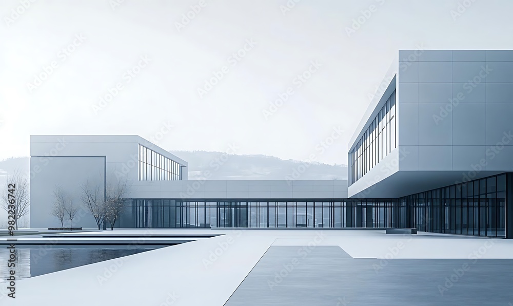 Obraz premium Modern architectural design featuring sleek lines and a tranquil water feature.