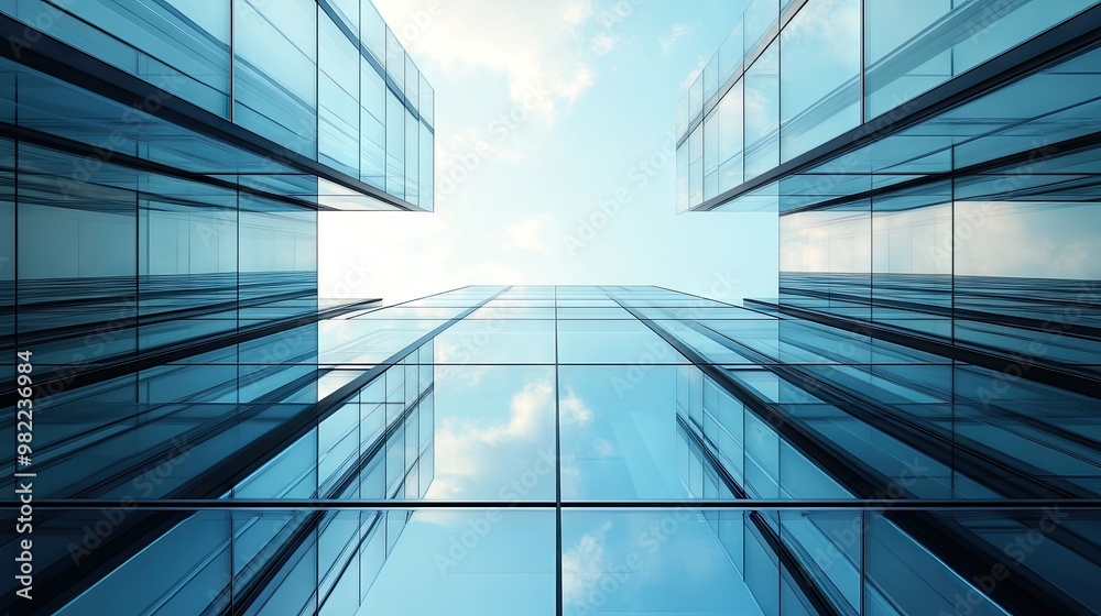 Wide-angle view of a futuristic office building with glass floors and a serene blue sky outside, emphasizing openness and transparency. Wide-angle view of a futuristic office building with glass floors and a serene blue sky outside, emphasizing openness and transparency.