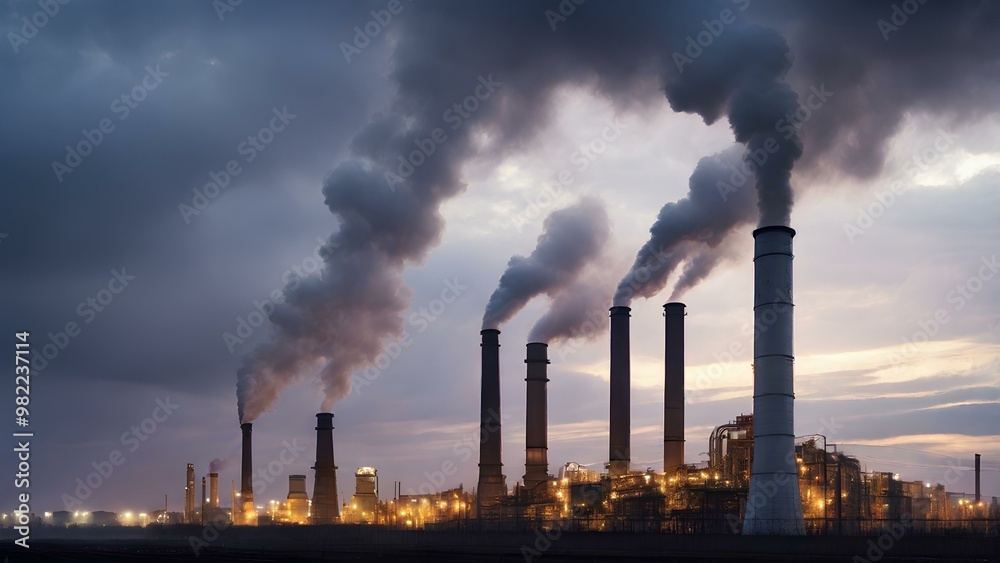 mechanical control plant radiating thick crest of co2 smoke from towering chimneys contributing to discuss contamination and worldwide warming through fossil fuel combustion natural affect. mechanical control plant radiating thick crest of co2 smoke from towering chimneys contributing to discuss contamination and worldwide warming through fossil fuel combustion natural affect.