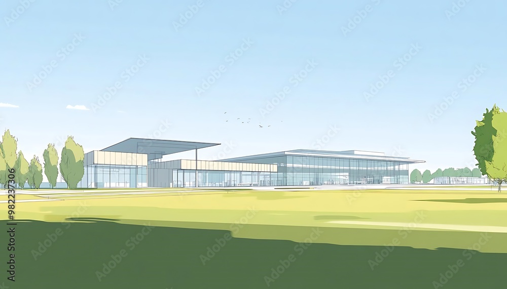A modern building surrounded by greenery, showcasing contemporary architecture and design. A modern building surrounded by greenery, showcasing contemporary architecture and design.