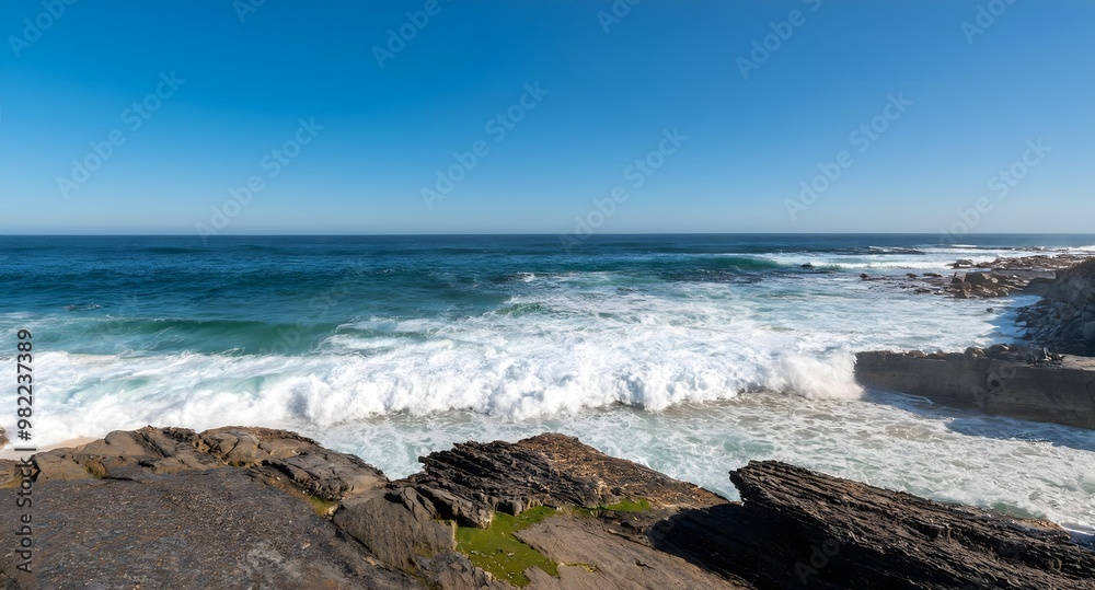 Waves crashing against a rocky coastline, with white foam spreading over the beach Waves crashing against a rocky coastline, with white foam spreading over the beach