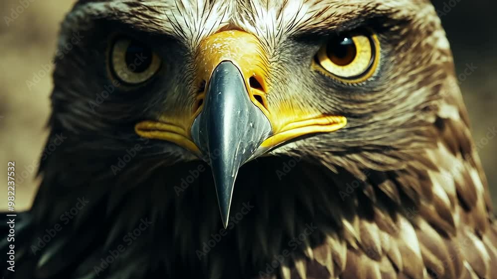 Intense close-up of a golden eagle displaying fierce eyes and sharp beak in natural habitat during sunset Intense close-up of a golden eagle displaying fierce eyes and sharp beak in natural habitat during sunset