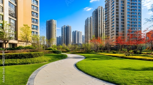 A scenic view of modern high-rise buildings surrounded by lush greenery and a winding path under a clear blue sky.