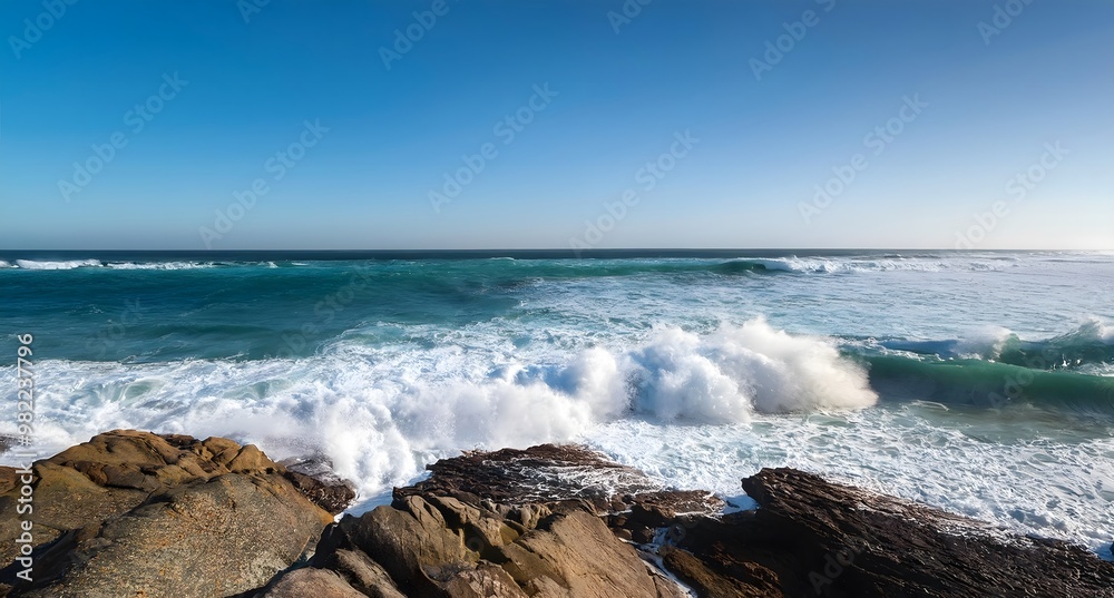 Waves crashing against a rocky coastline, with white foam Waves crashing against a rocky coastline, with white foam