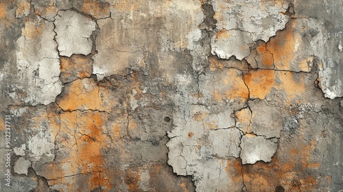 An artistic depiction of a rustic wall texture, with abstract patterns of cracked and flaking paint in various shades of brown and gray, presenting a weathered and distressed look that adds depth and