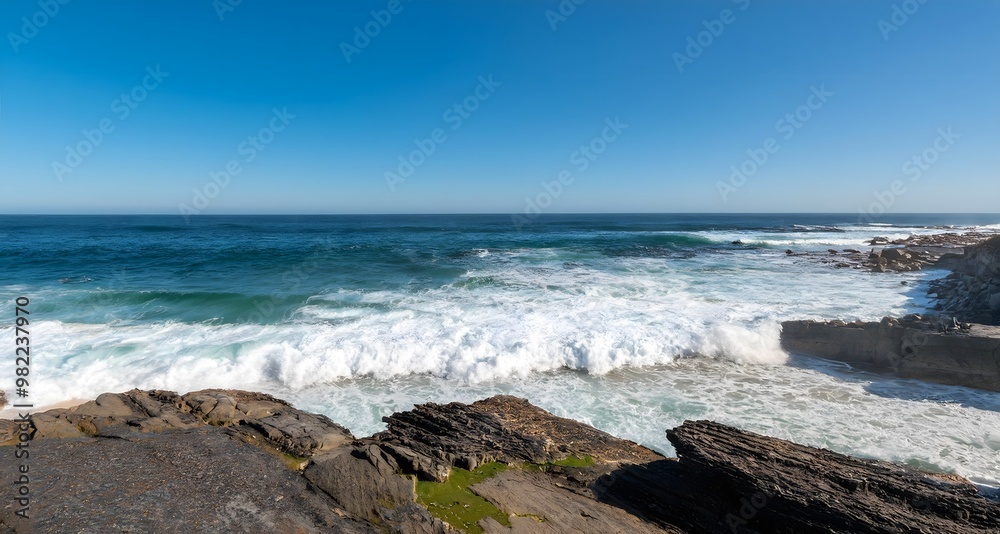 Waves crashing against a rocky coastline. Waves crashing against a rocky coastline.
