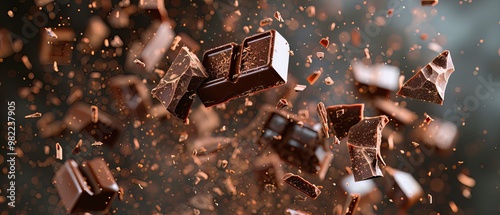 Exploding dark chocolate pieces with flying shards in dramatic lighting