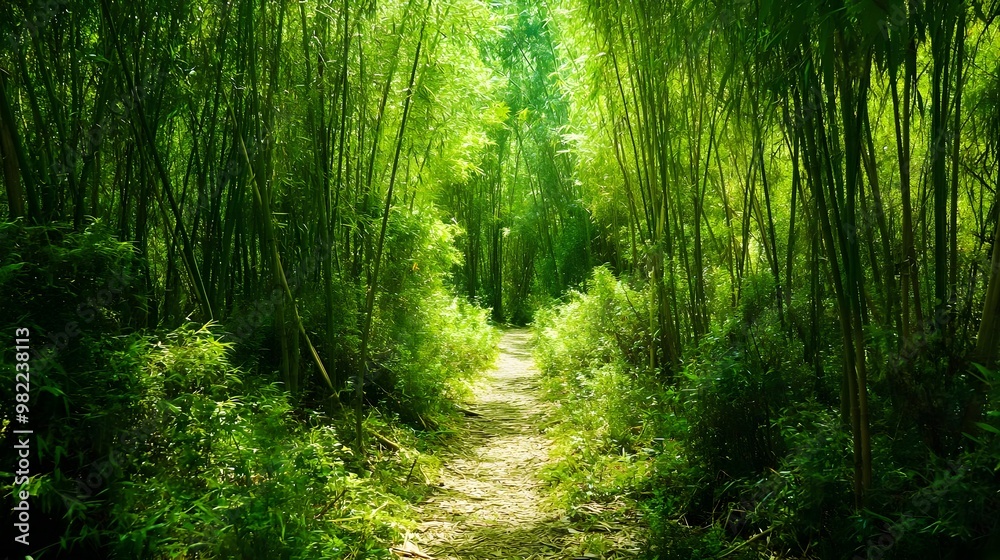 Fototapeta premium A serene bamboo forest pathway surrounded by lush greenery, inviting tranquility and peace for nature lovers and outdoor enthusiasts.